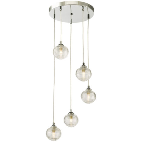 Federico Suspension de plafond à 5 ampoules, chrome poli, verre nervuré transparent