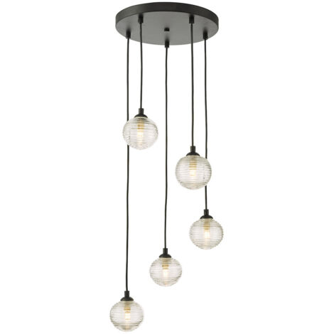Federico Suspension de plafond à 5 ampoules, verre nervuré transparent noir