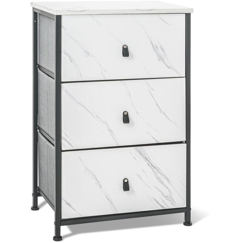 Fedra - Commode 3 tiroirs en tissu, façade et tablette supérieure en bois mélaminé stratifié marbre clair