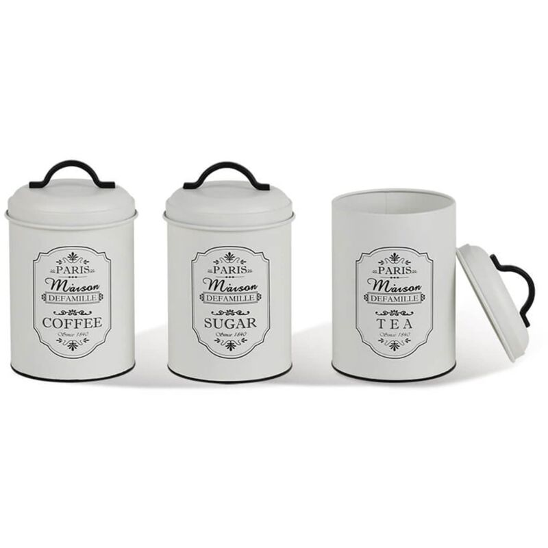 Homea Decoration - Maestro MR-1771-3CS Paris - Set de 3 récipients de de stockage de en métal pour le sucre et le café, le thé, 3 x 11,3 x 18,5 cm,