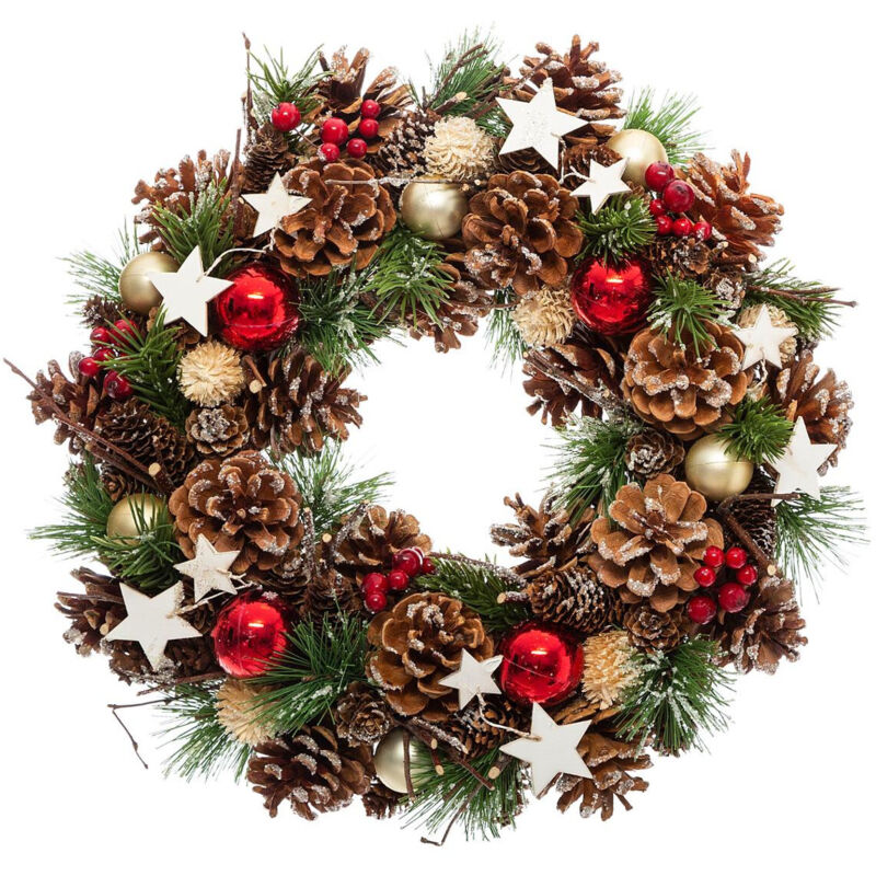 Couronne de Noël artificielle 35 cm avec houx, pommes de pin et étoiles – Décoration féerique de porte
