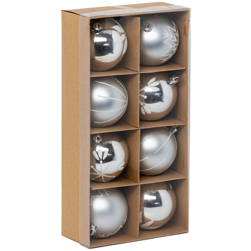 Déco de sapin Lot de 8 Boules de Noël d 8 cm - Argent et Blanc - Feeric Christmas