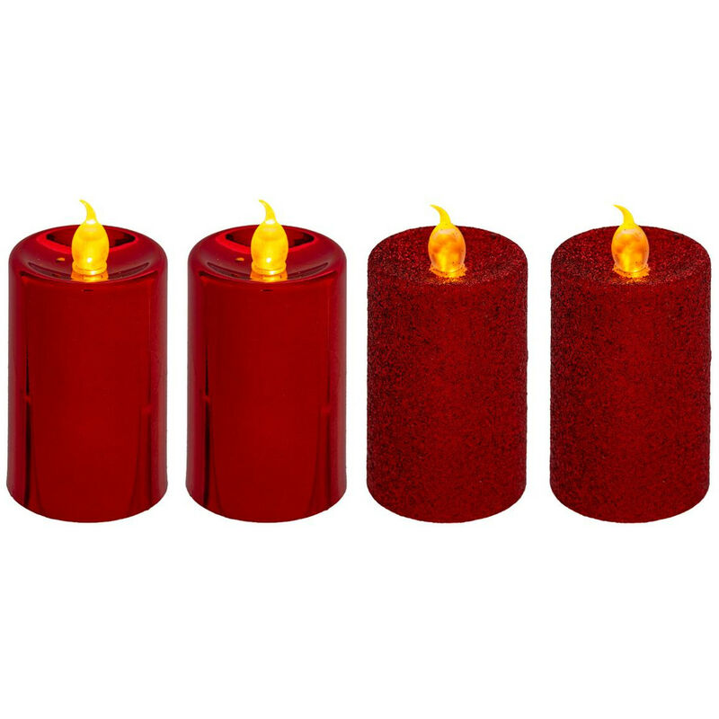 Fééric Lights And Christmas - Lot de 4 Bougies lumineuses Rouge pailleté et Rouge métallisé h 7.5 cm - Feeric Christmas - Rouge