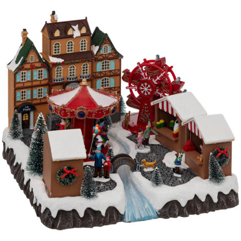 Fééric Lights And Christmas – Village de Noël animé et musical avec 56 LED – Dimensions 37x35x27,5 cm – Alimentation secteur – Ambiance festive multicolore