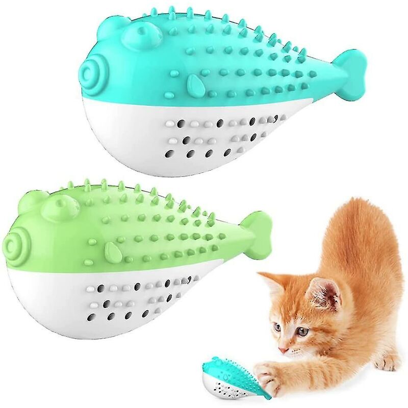 2 Ensembles de jouets interactifs pour chats, poissons-globes, brosses à dents, jouets à l'herbe à chat, jouets à mâcher pour animaux de compagnie