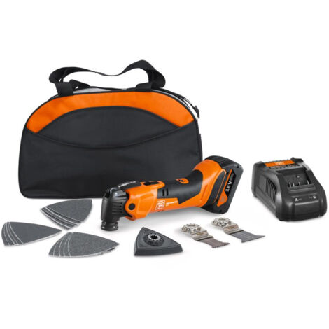 Fein – Outil multifonction sans fil 18V avec batterie 4Ah – Porte-outil StarlockPlus pour accessoires – Sac en nylon inclus