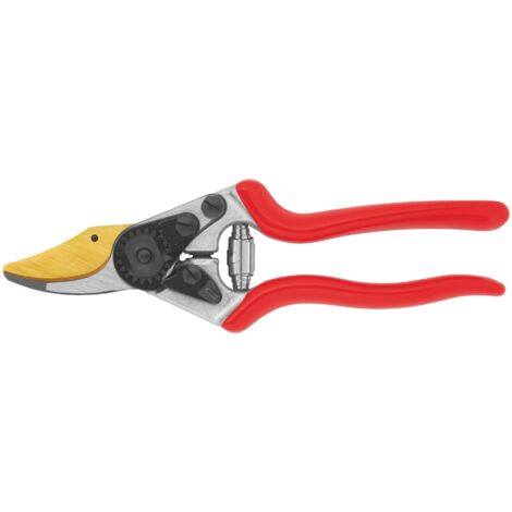 FELCO 6 Sécateur personnalisable Lame F-Gold / Poignées rouges – lame or-cobalt résistante, ergonomie main moyenne, coupe 20 mm, aluminium forgé, Swiss Made