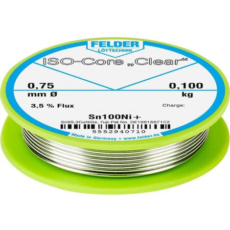 Felder ISO-Core Clear Sn100Ni+ Stagno per saldatura Bobina Sn99,25Cu0,7Ni0,05 0.100 kg 0.75 mm