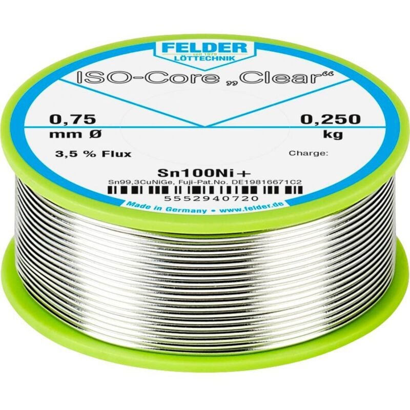 Felder Löttechnik - Felder ISO-Core Clear Sn100Ni+ Étain à souder bobine Sn99,25Cu0,7Ni0,05 0.250 kg 0.75 mm