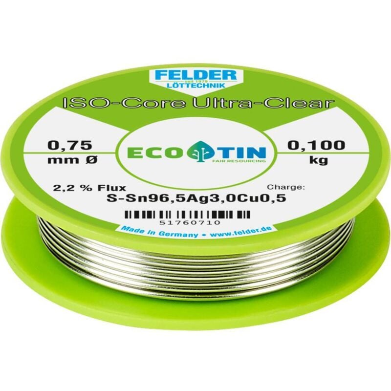 Felder Löttechnik - Felder ISO-Core Ultra Clear SAC305 Étain à souder bobine Sn96,5Ag3Cu0,5 0.100 kg 0.75 mm
