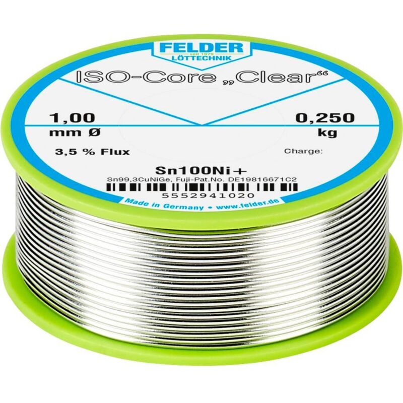 Felder Löttechnik - Felder ISO-Core Clear Sn100Ni+ Étain à souder sans plomb bobine Sn99,25Cu0,7Ni0,05 0.250 kg 1 mm