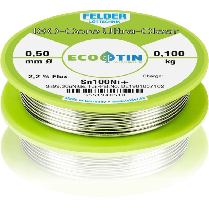 Felder Löttechnik - Felder ISO-Core 'Ultra-Clear' Sn100Ni+ Étain à souder sans plomb bobine Sn99,3CuNiG 0.100 kg 0.5 mm A581852