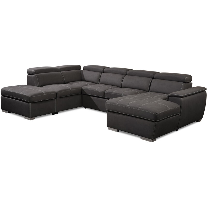 FELIX - Canapé panoramique convertible avec coffre de rangement en tissu gris- Angle Droit