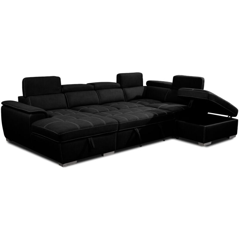 Mobilier Deco - felix - Canapé panoramique convertible avec coffre de rangement en tissu noir- Angle Gauche