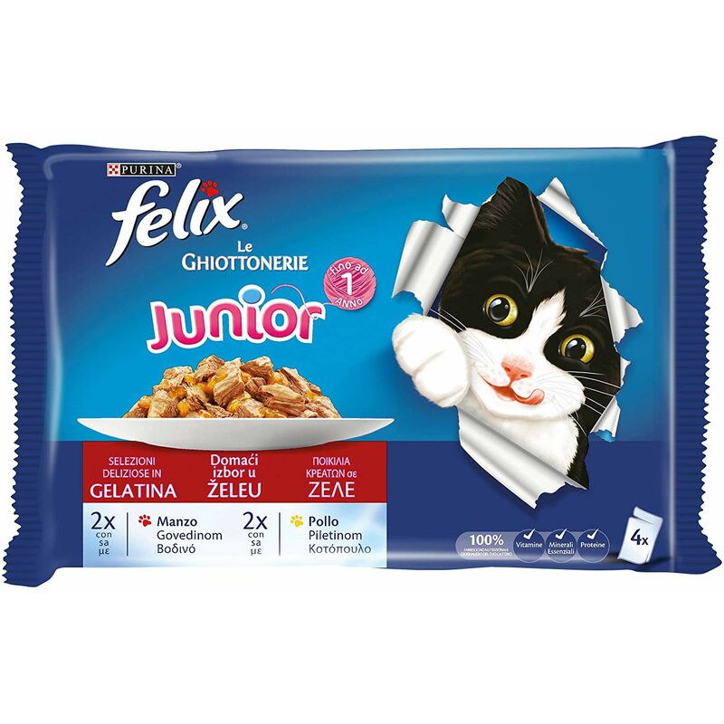 Felix Les gourmandises Carton pelliculé Texte Nourriture pour Le Chat, Junior, avec du b?uf et avec Poulet, 4 x 100 g ? Lot de 10 pièces