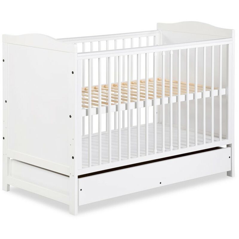 klups - felix lit bébé enfant évolutif à barreaux en bois 120x60 + tiroir blanc