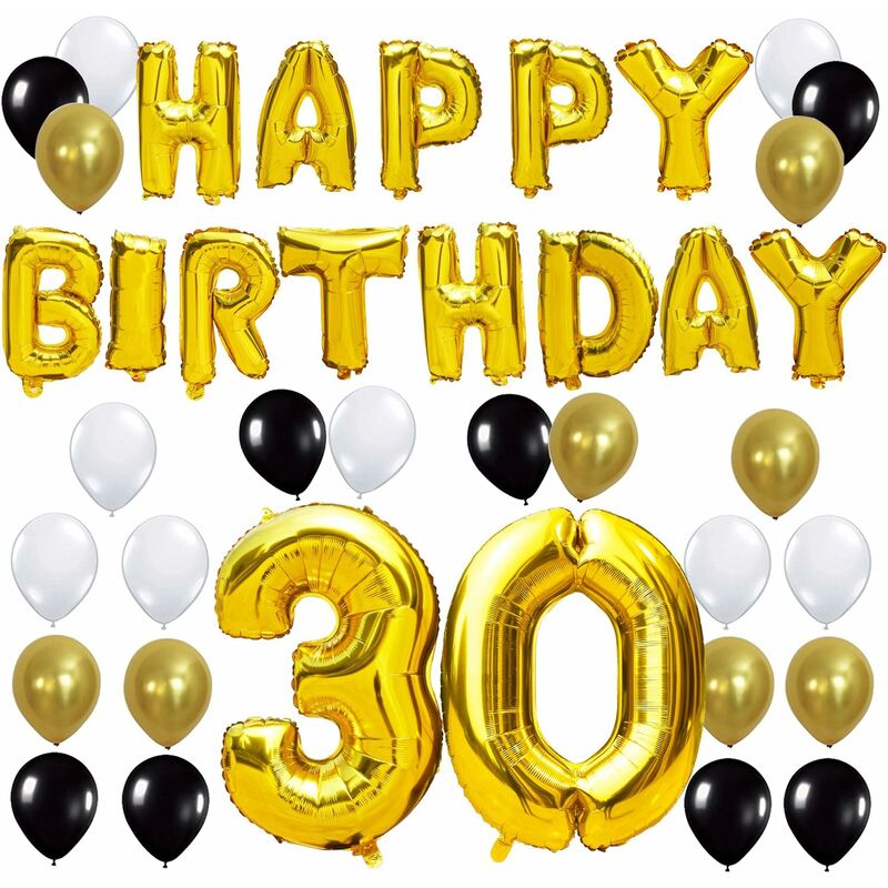 

Zqyrlar - Feliz cumpleaños Feliz cumpleaños Letras Globo + Número 30 Globo de lámina de mylar + 24 globos de látex blanco dorado negro - Perfecto