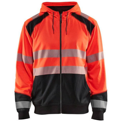 Felpa da lavoro con cappuccio e zip ad alta visibilità 3546 - Rosso fluorescente/Nero M