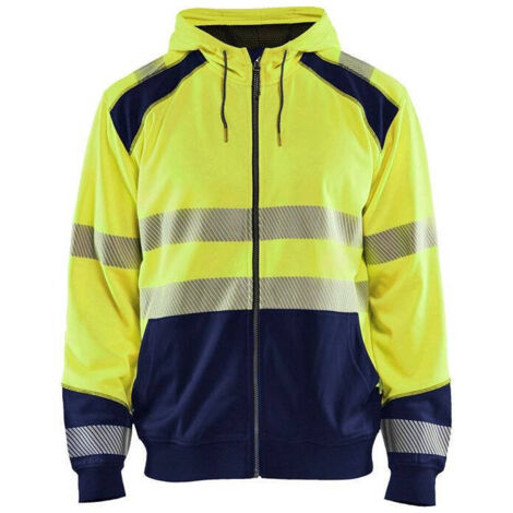 Felpa da lavoro con cappuccio e zip alta visibilità 3546 - Giallo fluorescente / Blu navy 4XL