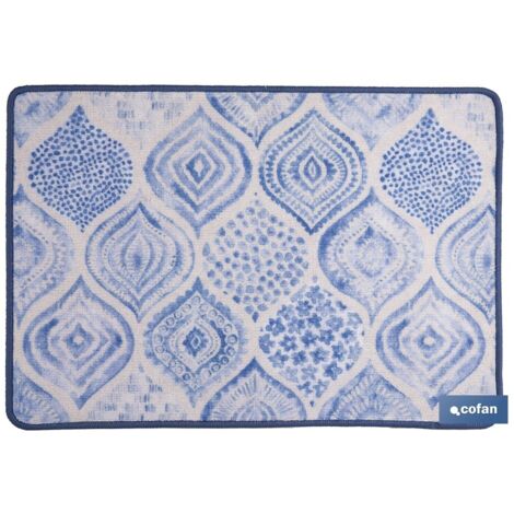 Felpudo de enntrada con estampado digital geométrico 50x70cm fabricado en poliéster y PVC color azul y blanco