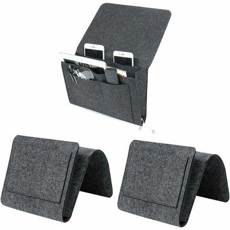 Felt Bed Pocket, 3 Pcs Bedside Storage Bag Organizer Sofa Bedside Organizer with Cable Holes and 5 Pockets for Home Bedroom Living Room Dorm