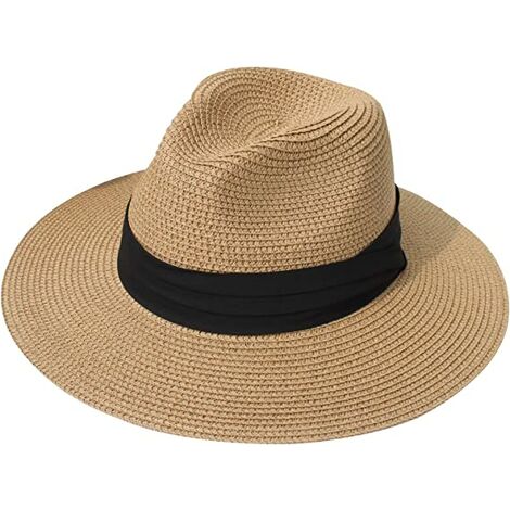 Femme Homme Chapeau de Paille Panama Chapeau Été Large Bord Chapeau de Soleil Anti-UV pour Plage Voyage Chapeau de Soleil（Fedora Khaki）