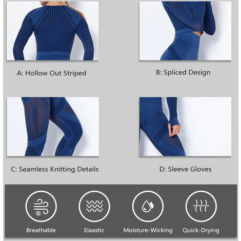 Femmes deux pieces ensemble de yoga culture a manches longues taille haute moulante evider raye haut de sport Leggings entrainement Fitness tenue,modele:Gris clair Moyen UNOIU