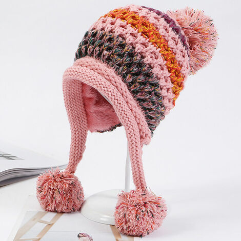 Femmes péruvienne couverture d'hiver oreilles bonnet chapeau cache-oreilles Sherpa Ski neige chapeaux tricoté polaire doublé 3 pompons (poudre coréenne)