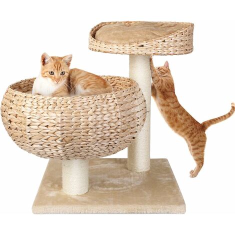 main image of "FEMOR 2 Katzenkörbe und 1 stabiler Kratzbaum, 2 weiche hellbraune Kissen, multifunktionales doppeltes Katzennest, geeignet für kleine und mittlere Katzen"