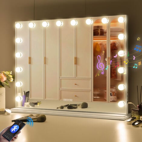 FENCHILIN Bluetooth espejo grande con iluminación, 18 luces LED dimmer, espejo de maquillaje con luz, espejo Hollywood espejo cosmético con espejo de 10 aumentos, espejo de mesa con USB 80cm x 58cm