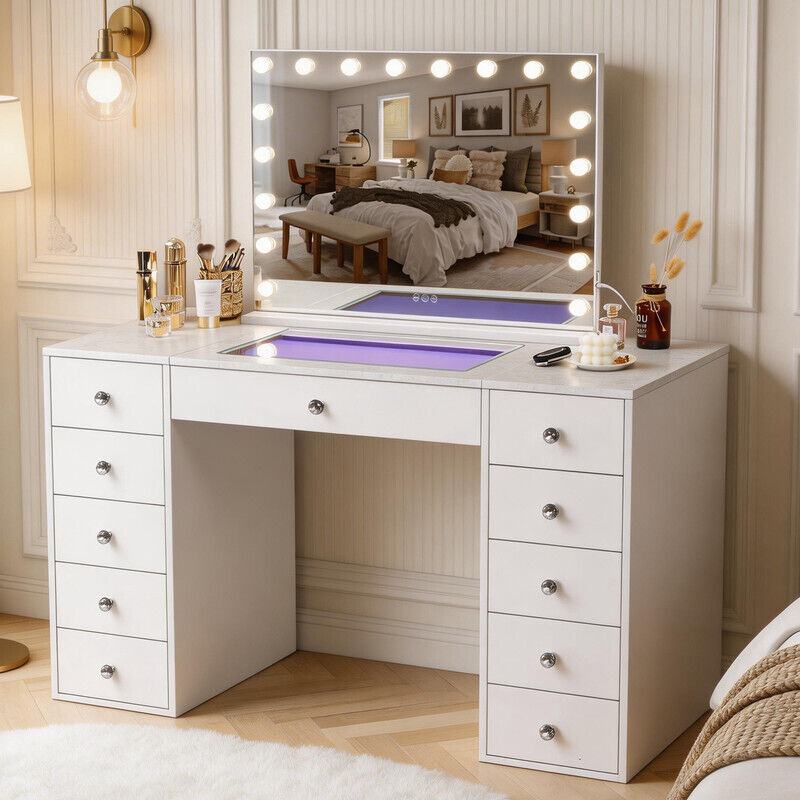 FENCHILIN Coiffeuse avec miroir de courtoisie style Hollywood, éclairage RGB, 11 tiroirs et armoire de rangement éclairée 130cm x 55cm x 81cm