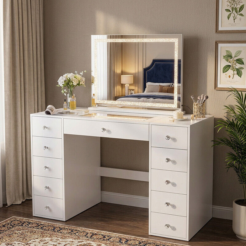 FENCHILIN Coiffeuse avec miroir de courtoisie style Hollywood, éclairage RGB, 11 tiroirs et armoire de rangement éclairée 130cm x 55cm x 81cm