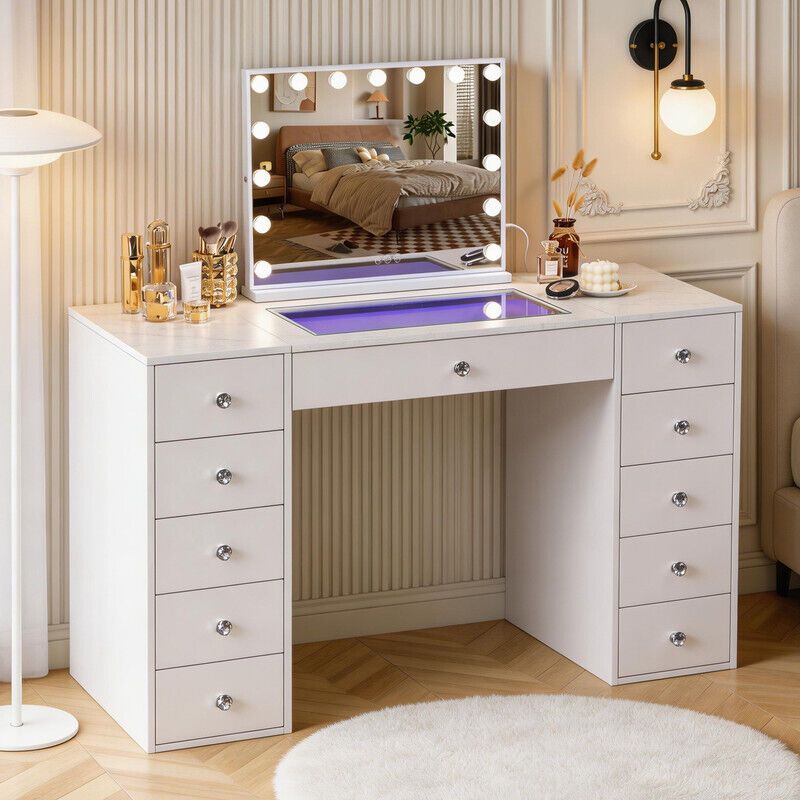 FENCHILIN Coiffeuse avec miroir de courtoisie style Hollywood, éclairage RGB, 11 tiroirs et armoire de rangement éclairée 130cm x 55cm x 81cm