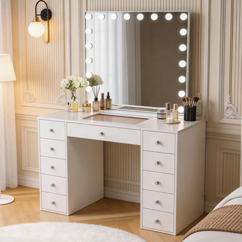 FENCHILIN Coiffeuse avec miroir de courtoisie style Hollywood, éclairage RGB, 11 tiroirs et armoire de rangement éclairée 130cm x 55cm x 81cm
