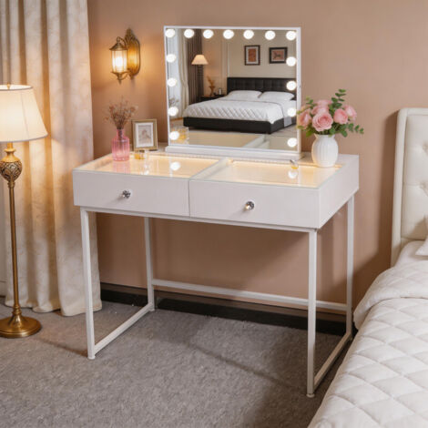FENCHILIN Dressing table with LED lighting，Makeup Mirror with LED Light,Three Light Settings,Adjustable Brightness,2-drawer Vanity table 100 x 81 x 55 cm White