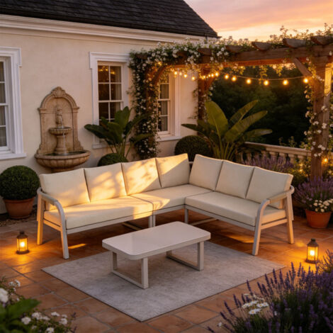 FENCHILIN Ensemble de mobilier de jardin, configuration en L, pouvant accueillir jusqu'à 6 personnes, accoudoirs et dossiers tressés, tubes en acier galvanisé, comprenant un canapé d'angle et une tabl