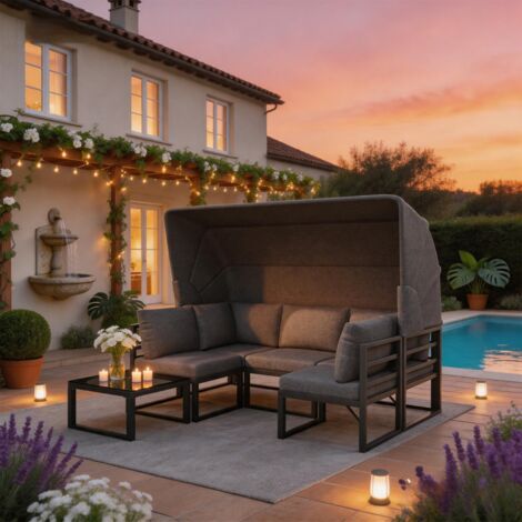 FENCHILIN Ensemble de salon de jardin,banc et table avec auvent,ensemble 4 pièces, mobilier de terrasse,balcon et jardin, résistant aux intempéries, gris,coussins inclus