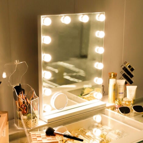 FENCHILIN Espejo de maquillaje con 14 bombillas LED Espejo de tocador iluminado Espejo de maquillaje grande iluminado con 3 modos de iluminación Espejo de tocador Hollywood blanco 40cm x50cm