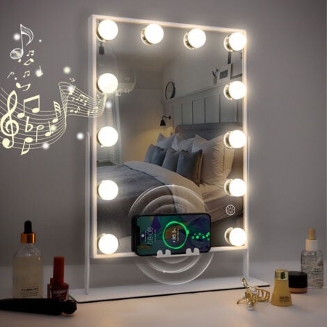 FENCHILIN Espejo Hollywood con función de carga inalámbrica Altavoz Espejo de maquillaje con iluminación 12 lámparas LED regulables Espejo de maquillaje con luz Espejo de mesa dormitorio Blanco 30cm x