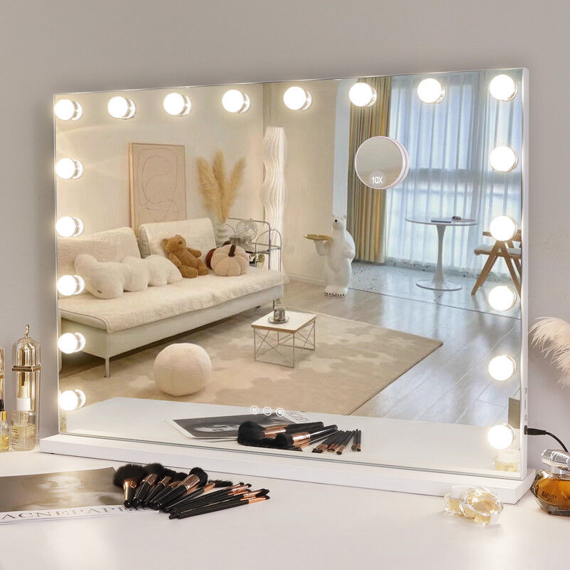 Miroir Maquillage Lumineux Led 18 Ampoules 3 Couleurs Luminosité Ajustables Ecran Tactile & Loupe de Grossissant 10X blanc 80cm x 58cm Fenchilin