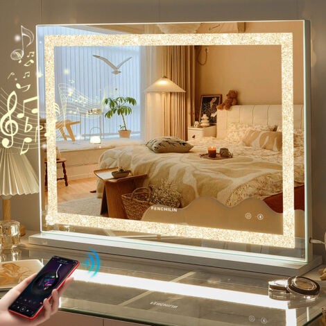 FENCHILIN Hollywood Mirror with Crushed Crystal Lights and Music Speaker Large Vanity Mirror with Dimmable LED Lightstrip 3 Color Modes Vanity Mirror with Lights 10x Magnification 80x60cm