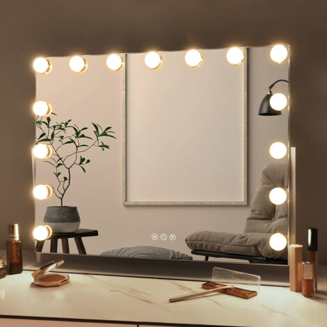 FENCHILIN Lighted Makeup Mirror 360 Degree Rotation Hollywood Vanity Mirror with Lights 15 LED Bulbs Lighted Hollywood Makeup Mirror with 10X Magnifying, USB Charging Port Touch Control