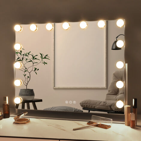 Fenchilin – Miroir lumineux de salle de bain 58 cm x 46 cm – 15 ampoules LED dimmables – Luminosité réglable – Rotation 360° – Miroir de grossissement 10x