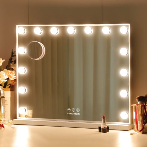 FENCHILIN Specchio illuminato Hollywood Porta di ricarica USB 15 dimmer 3 modalità di illuminazione Specchio illuminato per il trucco Specchio illuminato Hollywood da parete bianco 58 cm x 48 cm