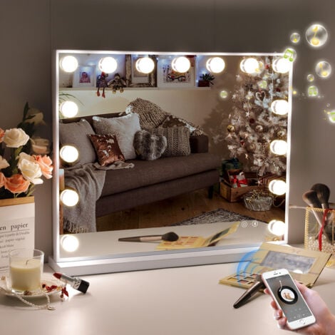 FENCHILIN Vanity Mirror with Lights and Bluetooth Speaker Makeup Mirror Lighted Hollywood Mirror with 15 Dimmable LED Bulbs USB Charge Port, 3 Color Lighting Modes White 58 x 46cm