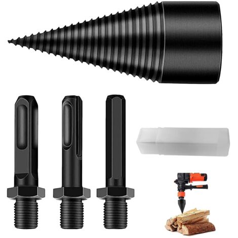 Fendeuse Bois Cône, Fendeur de Buche 32mm pour Perceuse Électrique, Fendeuse à Bois, Foret à Fendeuse à Bois avec 3 Poignées, Carré/Rond/Hexagonal