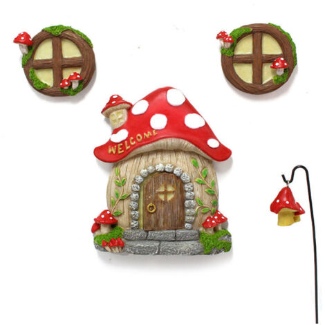 Fenêtre et Porte de Maison Miniatures avec Lampeà Litière Brillante dans Noir Porte et Fenêtre de Sommeil de Fées Sculpture de Jardin Cour pour Décoration d'arbre Jardin Cour (Champignon)