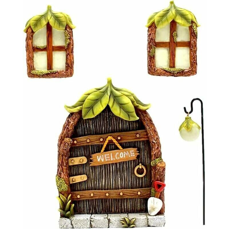Xinuy - Fenêtre et Porte de Maison Miniatures, Décorations d'arbre de Fée Miniature, Arbre Décor Fée Portes, Statue d'arbre d'Extérieur avec Lanterne
