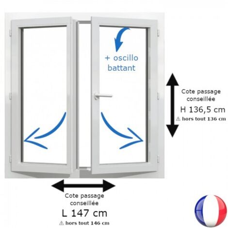 Fenêtre PVC blanc 2 vantaux hors tout H 136 x L 146 cm oscillo battant pour pose rénovation