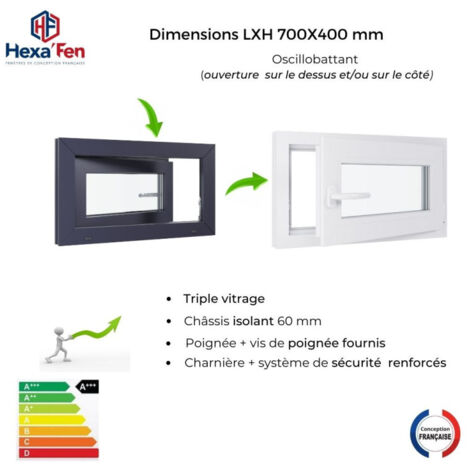Fenetre PVC - Triple vitrage - Tirant droite - Poignée à gauche - Ferrage Droite